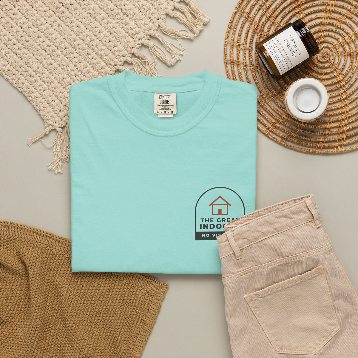 Flat-lay of the chalky mint The Great Indoors tee by Mildly Unavailable