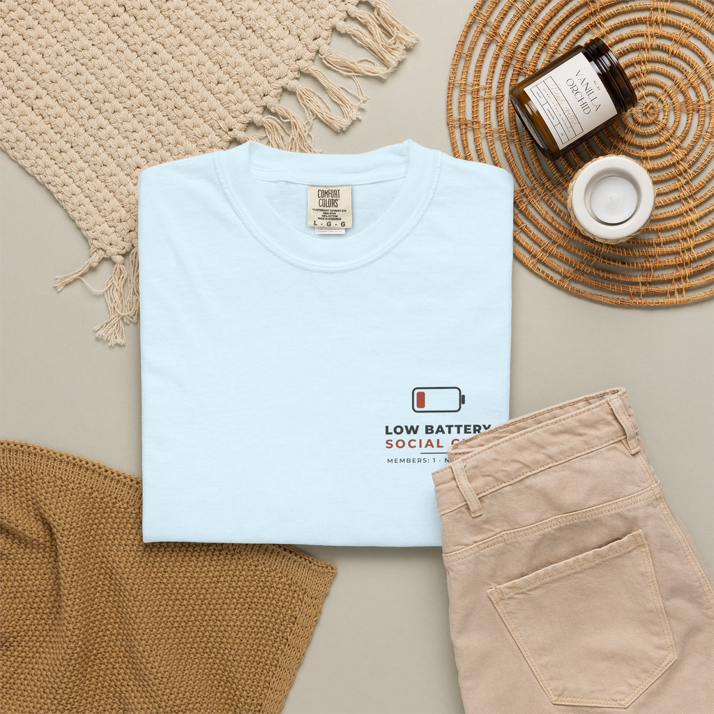Flat-lay of the chambray Low Battery Social Club tee by Mildly Unavailable