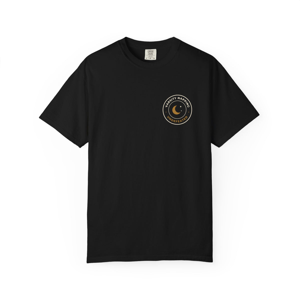 Front of the black Varsity Napping tee by Mildly Unavailable: a small left-chest Varsity Napping tee, undefeated