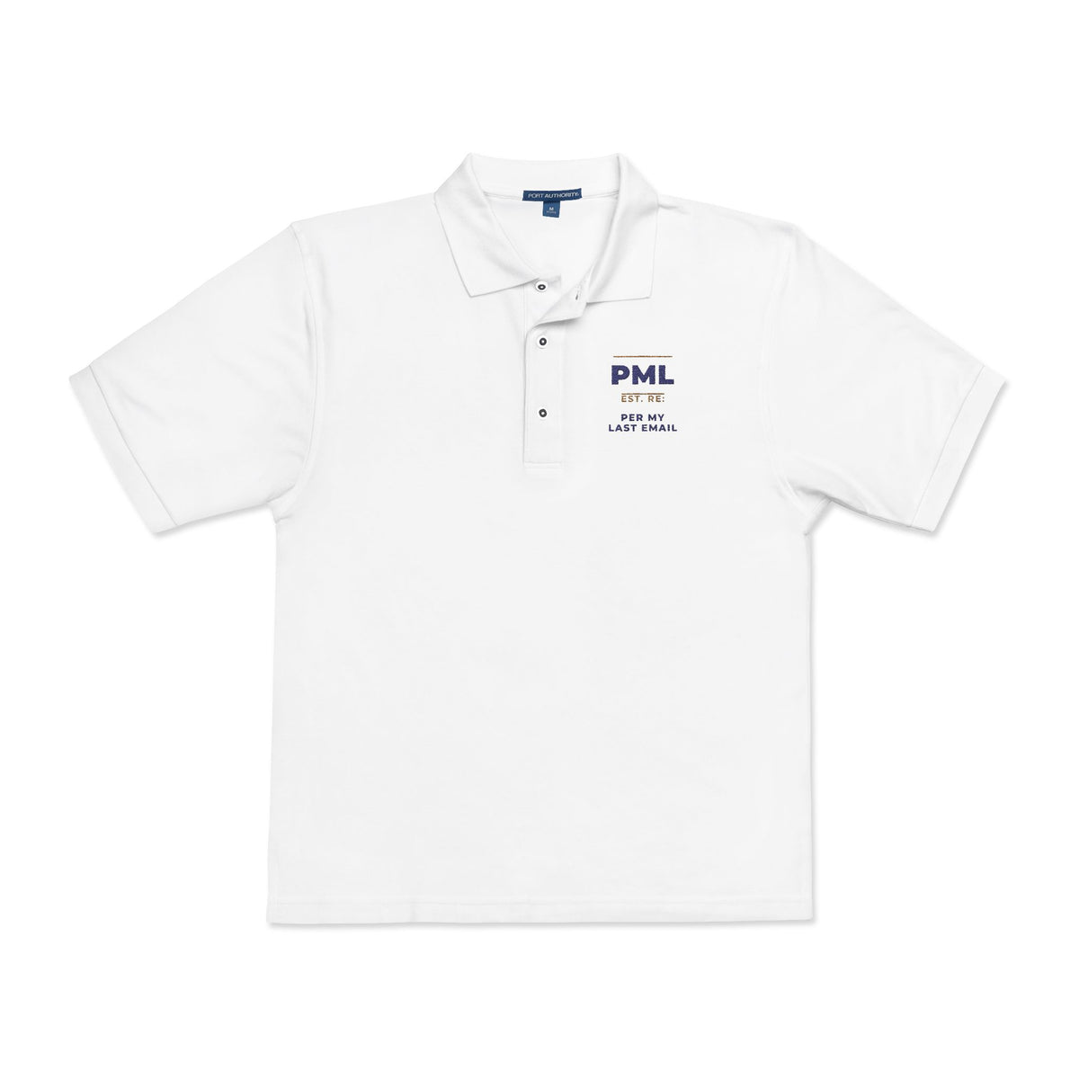 Front of the white Per My Last Email Monogram polo by Mildly Unavailable: an embroidered PML monogram polo