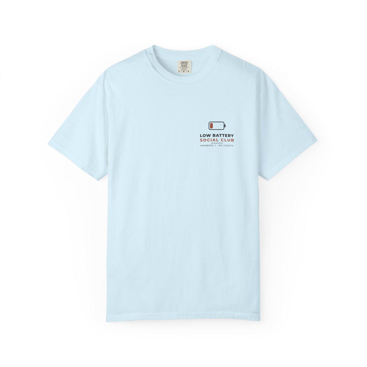 Front of the chambray Low Battery Social Club tee by Mildly Unavailable: a small left-chest Low Battery Social Club tee