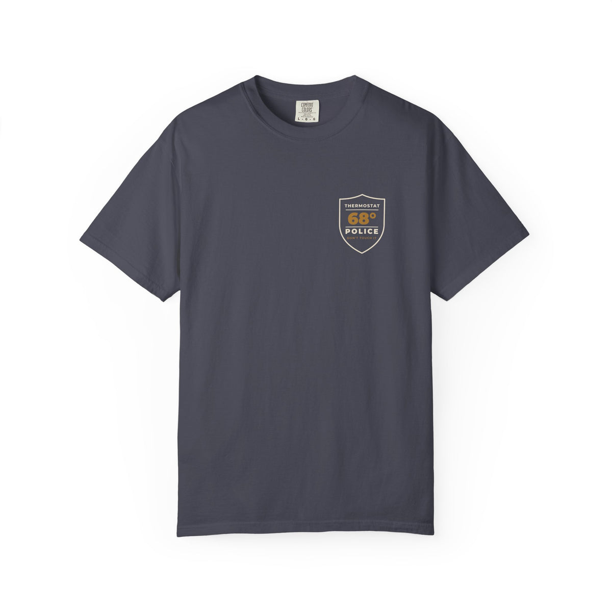 Front of the navy Thermostat Police tee by Mildly Unavailable: a small left-chest Thermostat Police tee, 68°, don't touch it