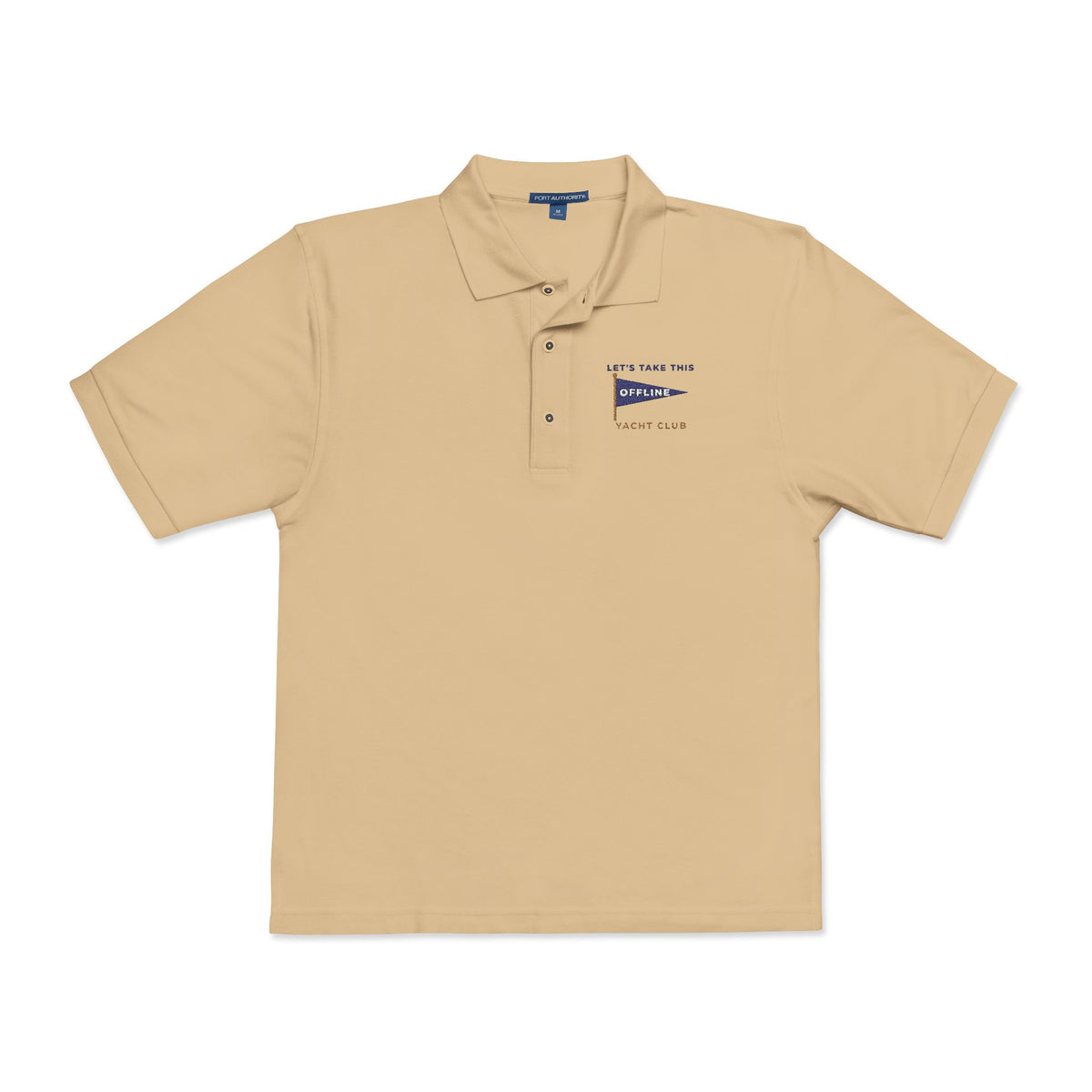 Front of the stone Let's Take This Offline Yacht Club polo by Mildly Unavailable: an embroidered Let's Take This Offline Yacht Club pennant polo