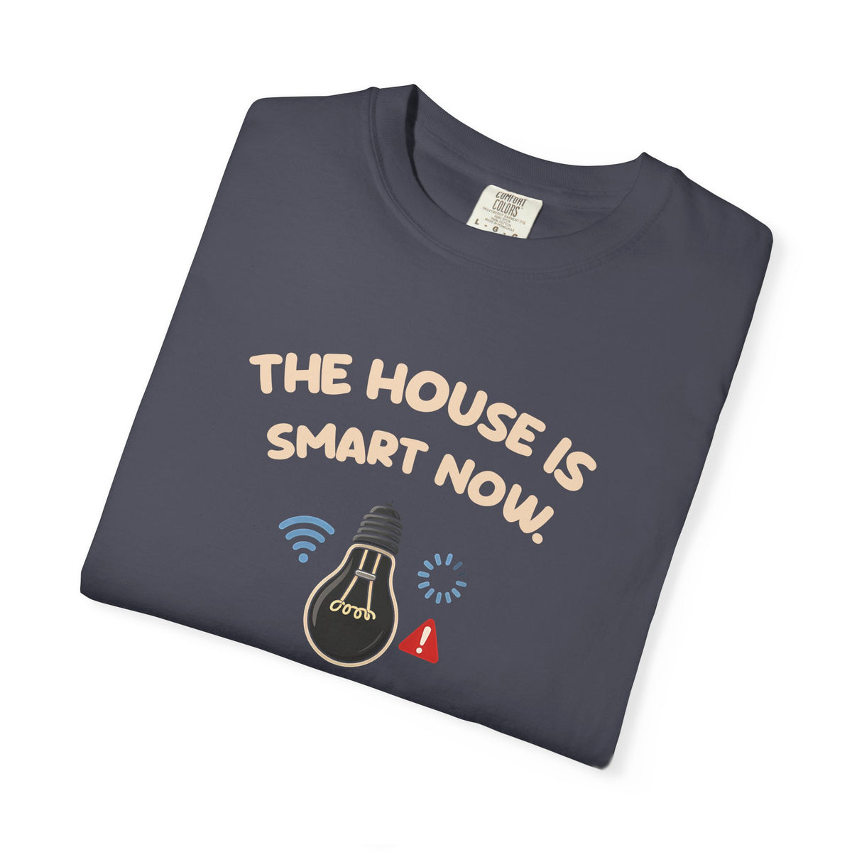 Folded navy The House Is Smart Now tee by Mildly Unavailable, close-up of the front design