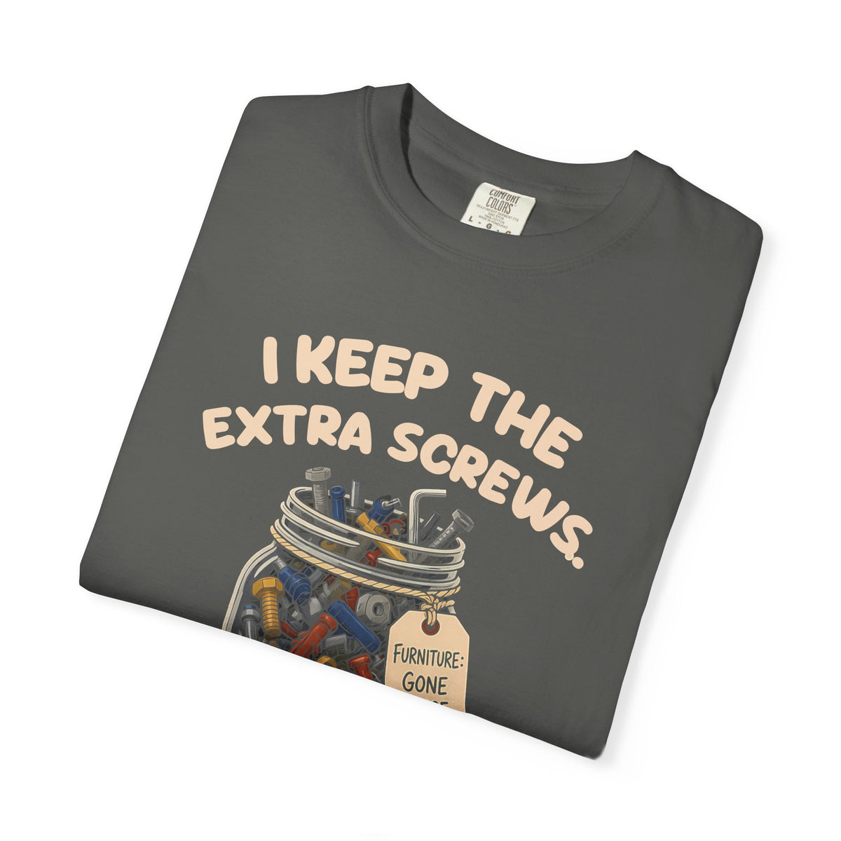 Folded pepper I Keep the Extra Screws tee by Mildly Unavailable, close-up of the front design