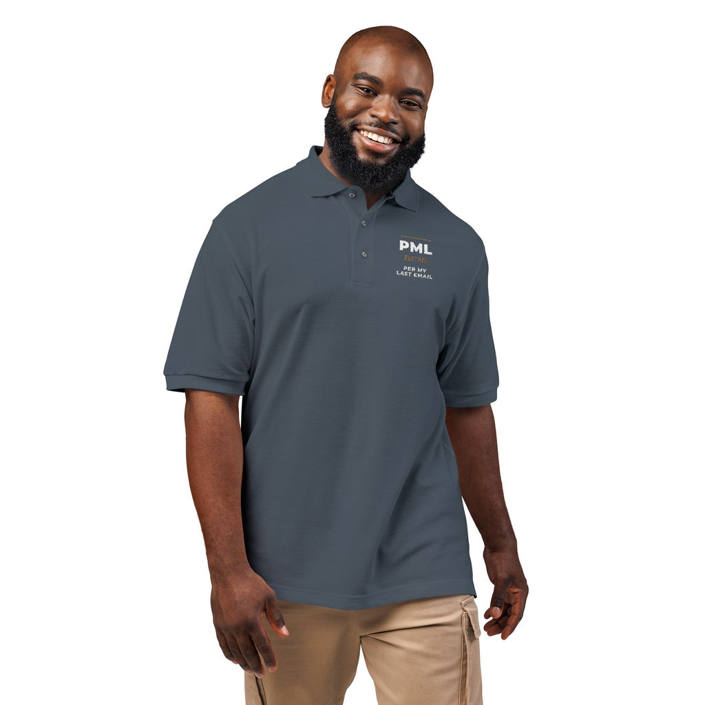 Model wearing the steel grey Per My Last Email Monogram polo by Mildly Unavailable