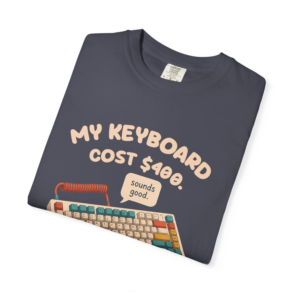 Folded navy My Keyboard Cost $400 tee by Mildly Unavailable, close-up of the front design