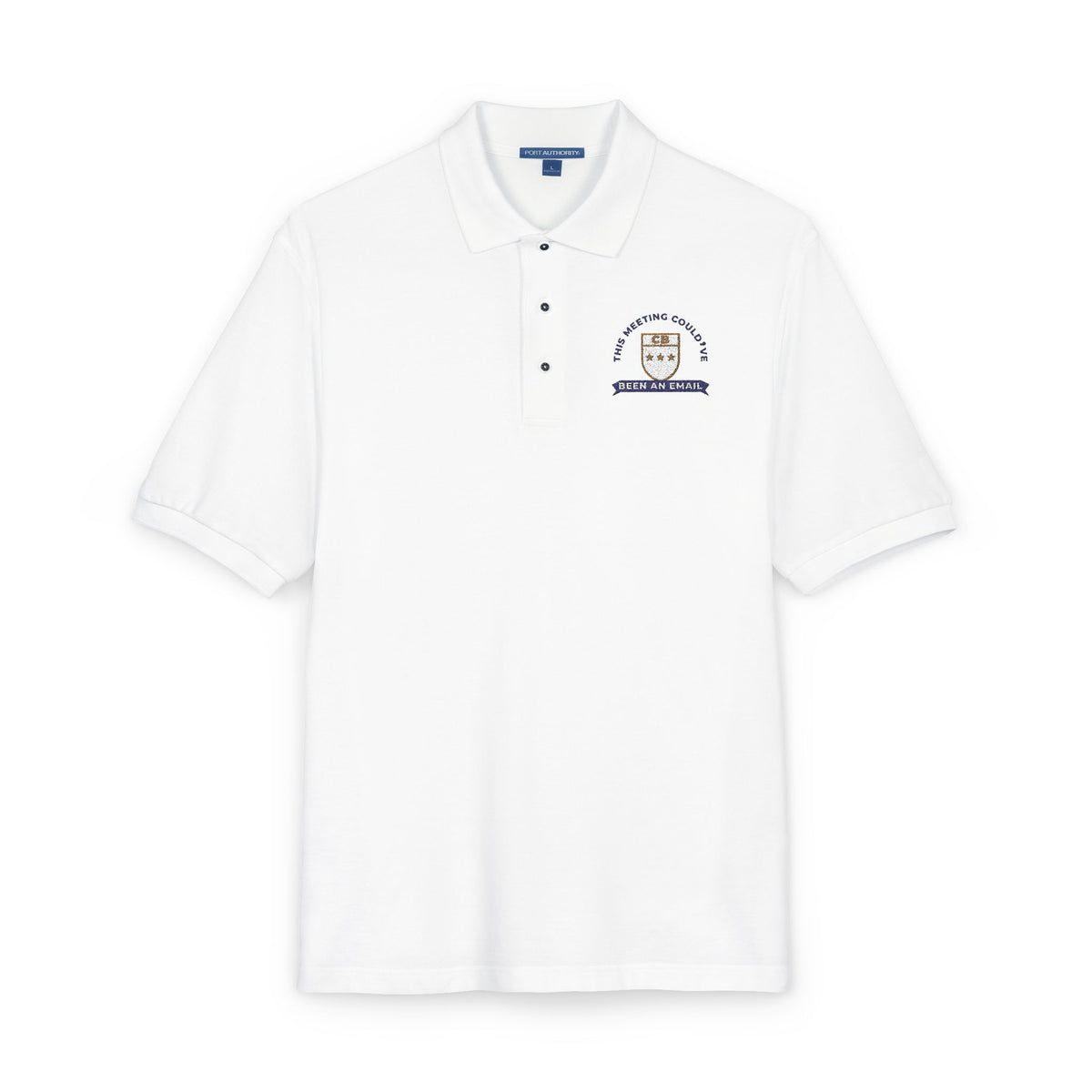 Close-up of the embroidered chest on the white This Meeting Could've Been an Email polo by Mildly Unavailable