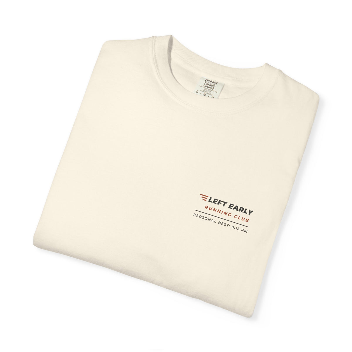 Folded ivory Left Early Running Club tee by Mildly Unavailable