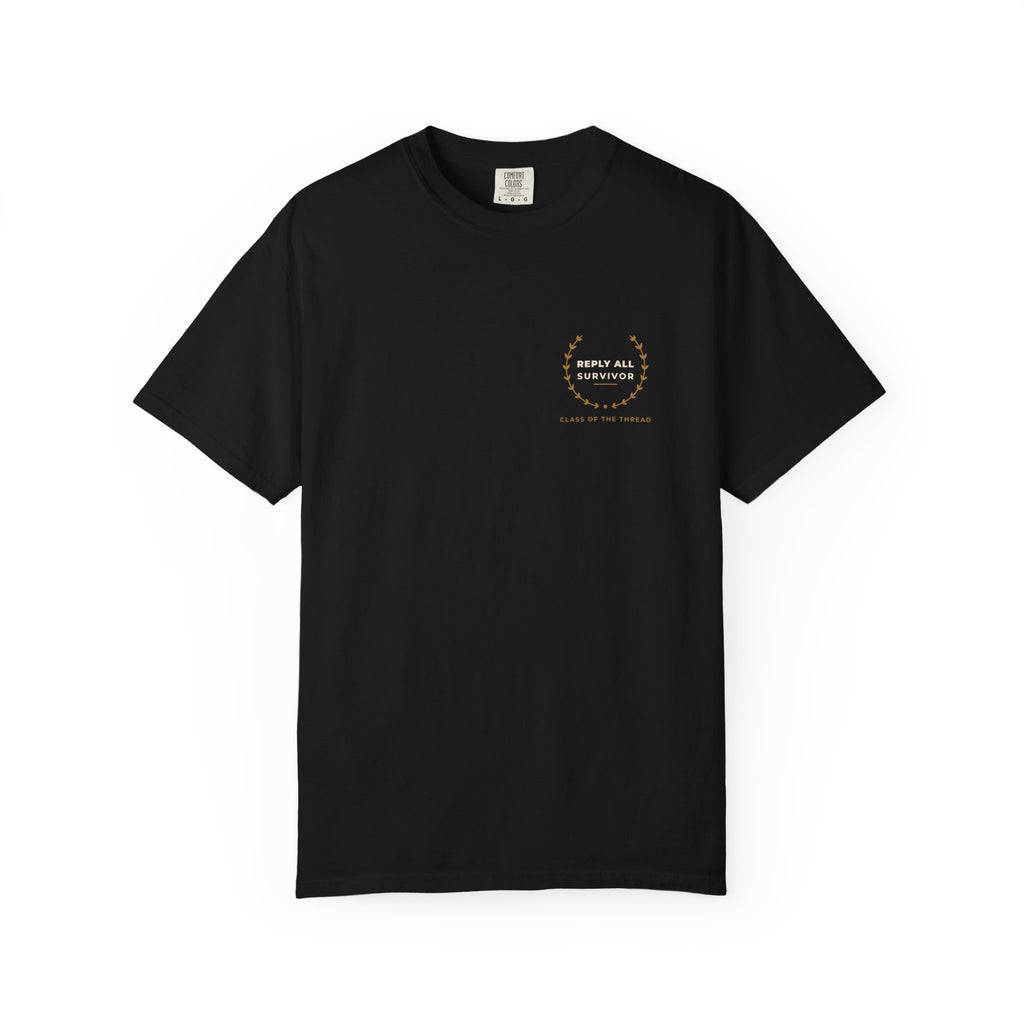 Front of the black Reply All Survivor tee by Mildly Unavailable: a small left-chest Reply All Survivor tee, Class of the Thread
