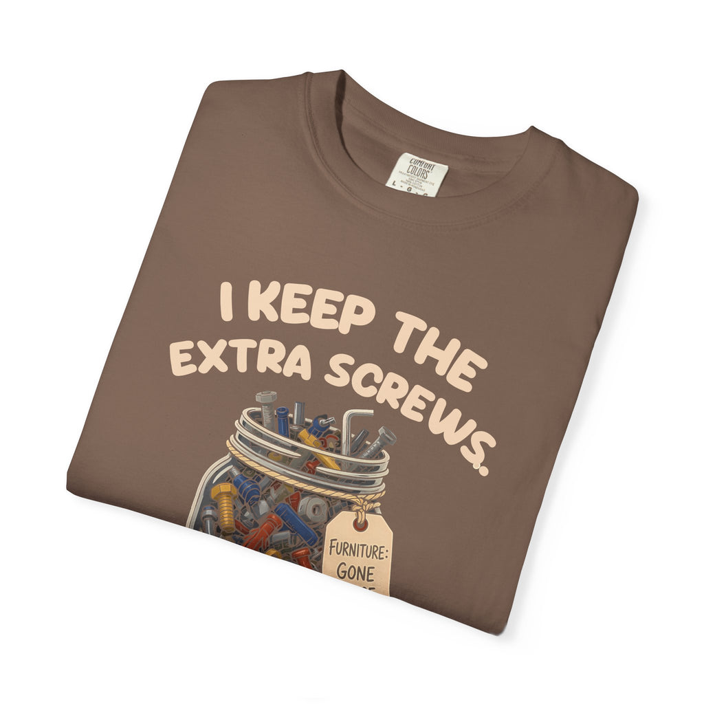 Folded espresso I Keep the Extra Screws tee by Mildly Unavailable, close-up of the front design