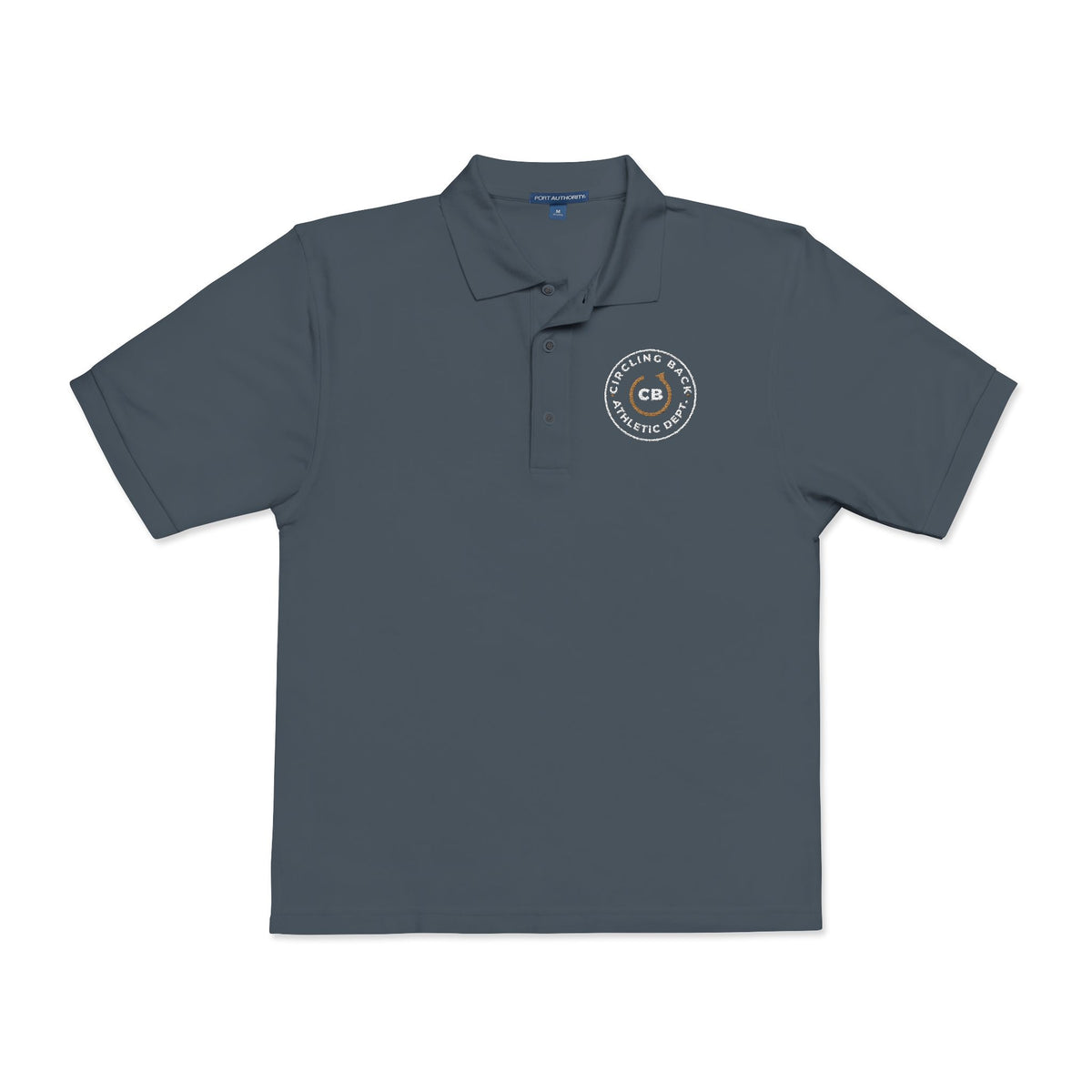 Front of the steel grey Circling Back Athletic Dept. polo by Mildly Unavailable: an embroidered Circling Back Athletic Dept
