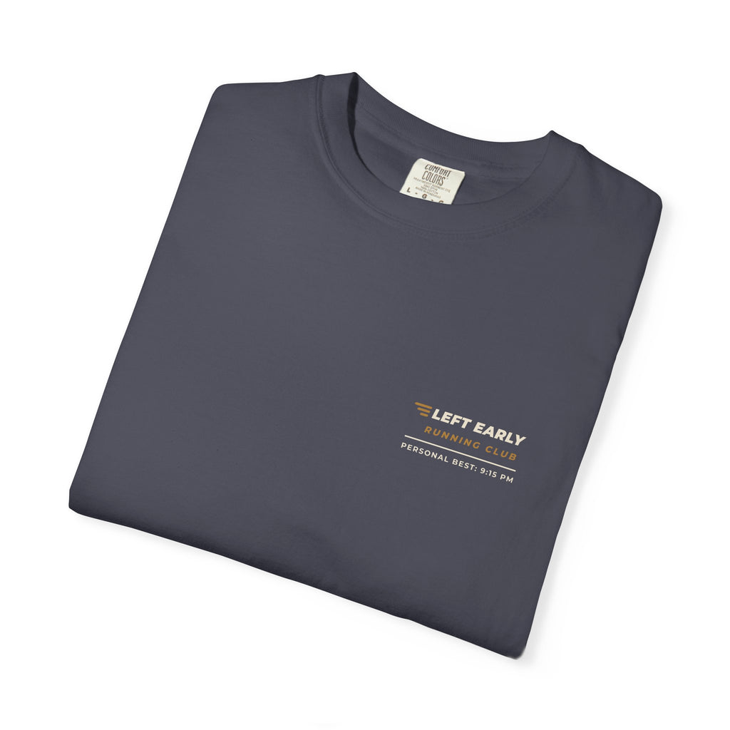 Folded navy Left Early Running Club tee by Mildly Unavailable