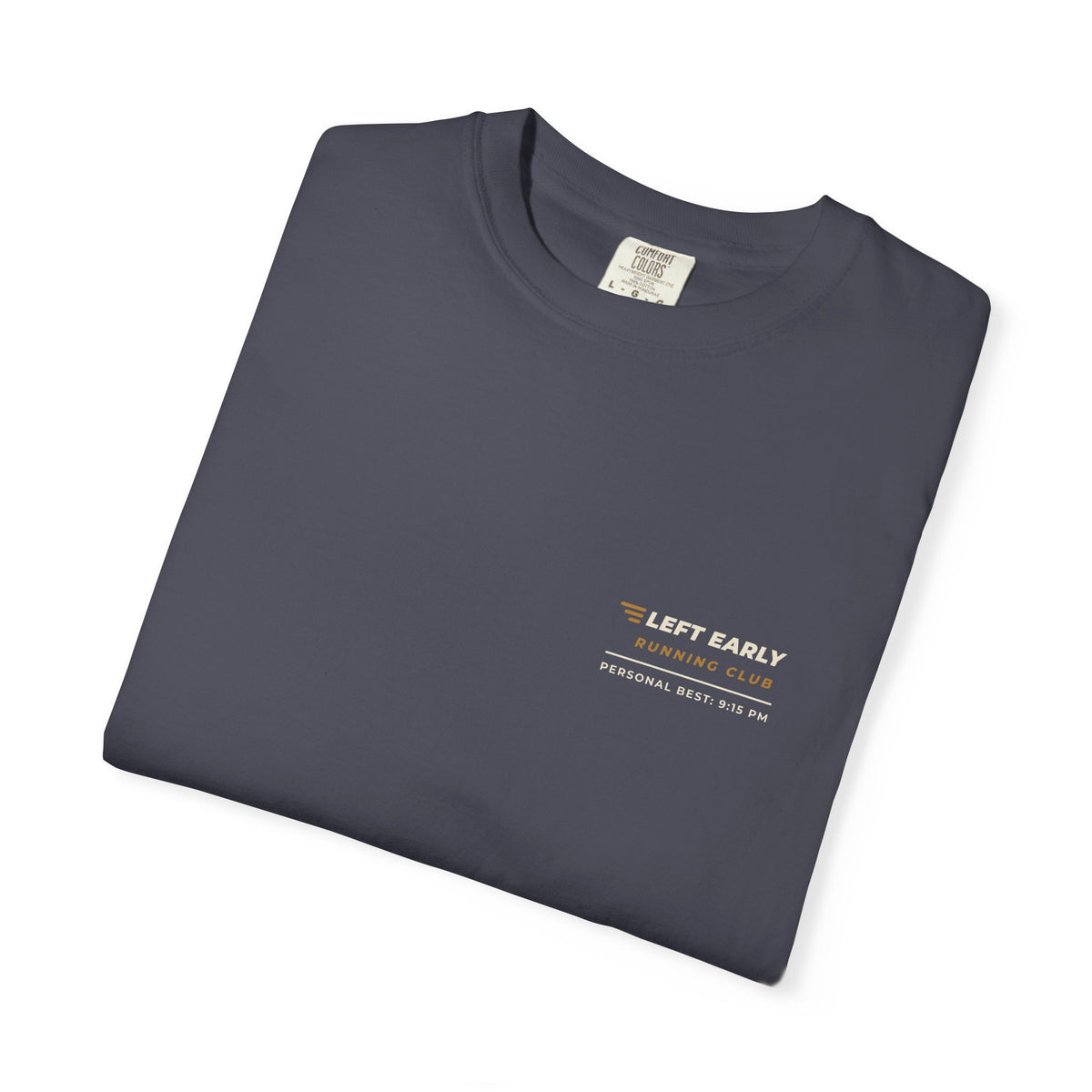 Folded navy Left Early Running Club tee by Mildly Unavailable