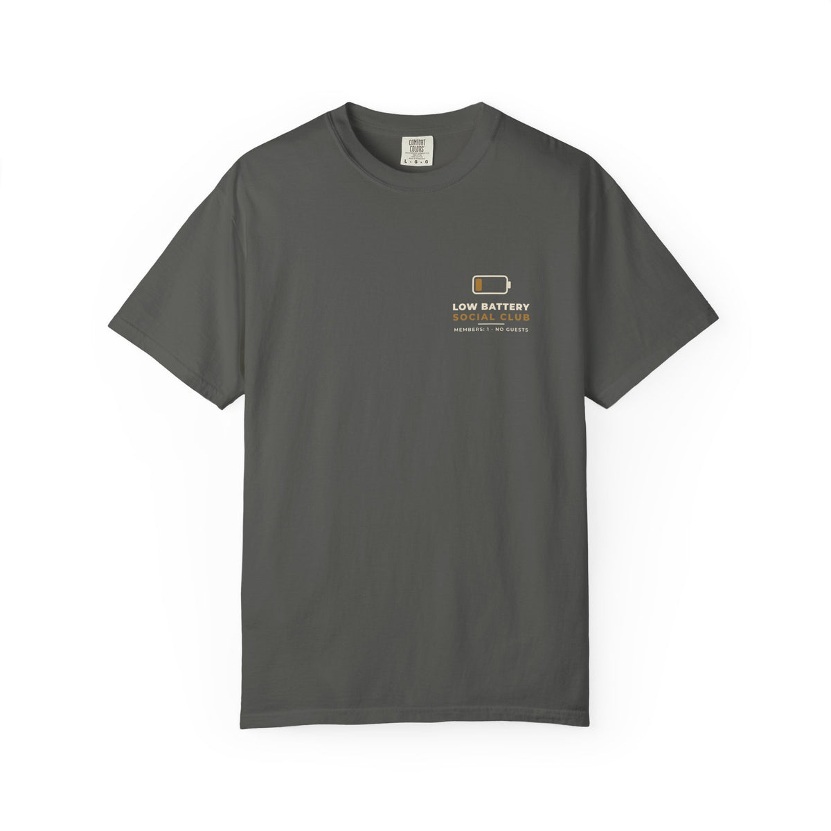 Front of the pepper Low Battery Social Club tee by Mildly Unavailable: a small left-chest Low Battery Social Club tee