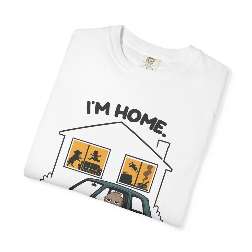 Folded white Just Sitting in the Car for a Minute Murray tee by Mildly Unavailable, close-up of the front design