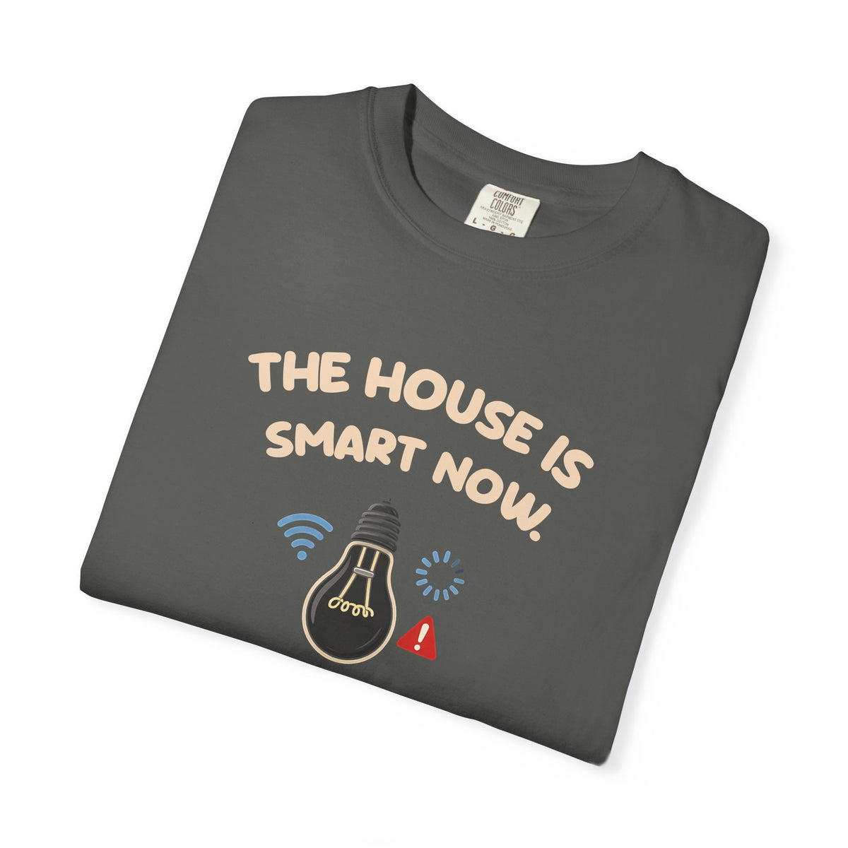 Folded pepper The House Is Smart Now tee by Mildly Unavailable, close-up of the front design