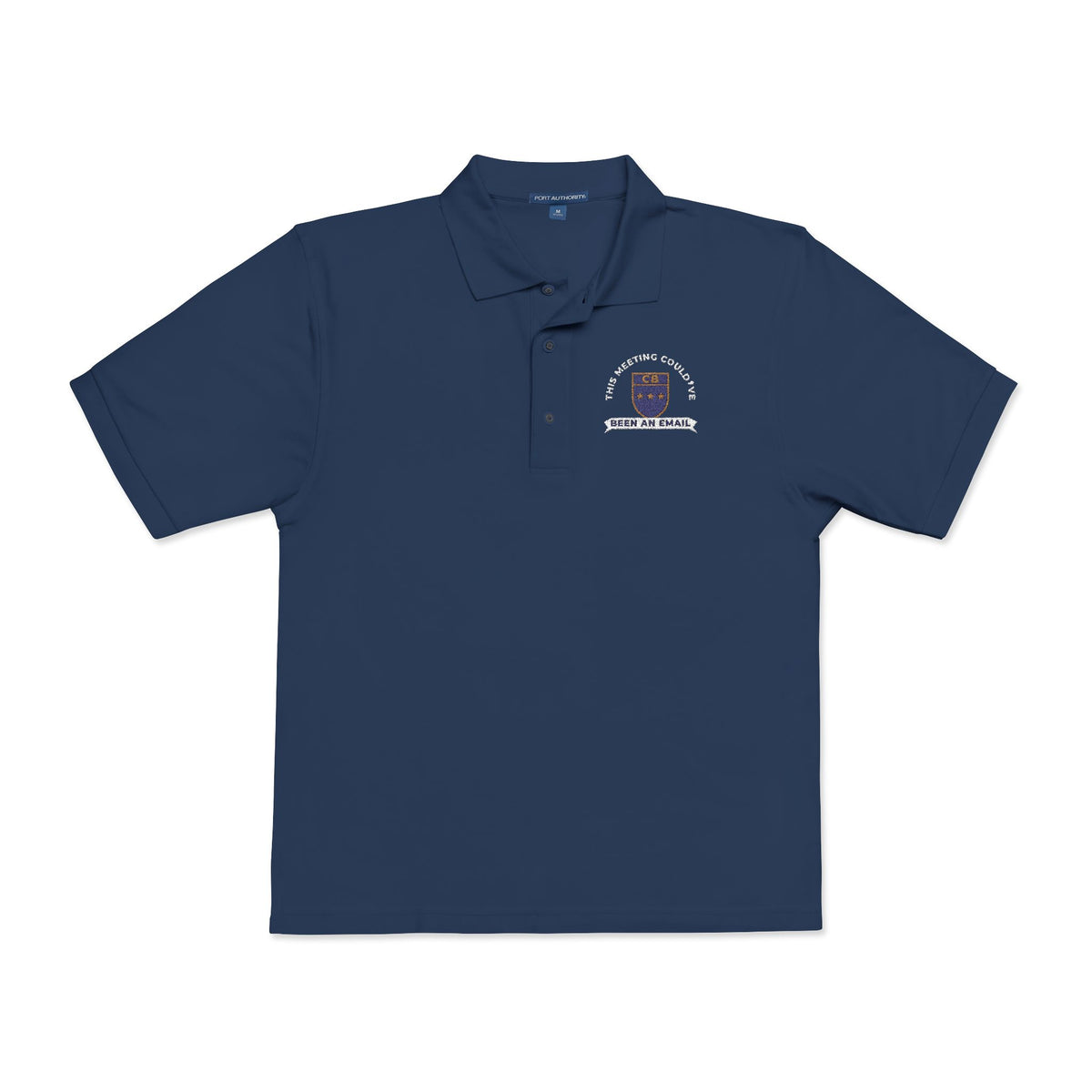 Front of the navy This Meeting Could've Been an Email polo by Mildly Unavailable: an embroidered crest polo that reads THIS MEETING COULD'VE BEEN AN EMAIL