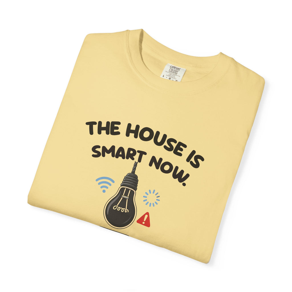 Folded butter The House Is Smart Now tee by Mildly Unavailable, close-up of the front design