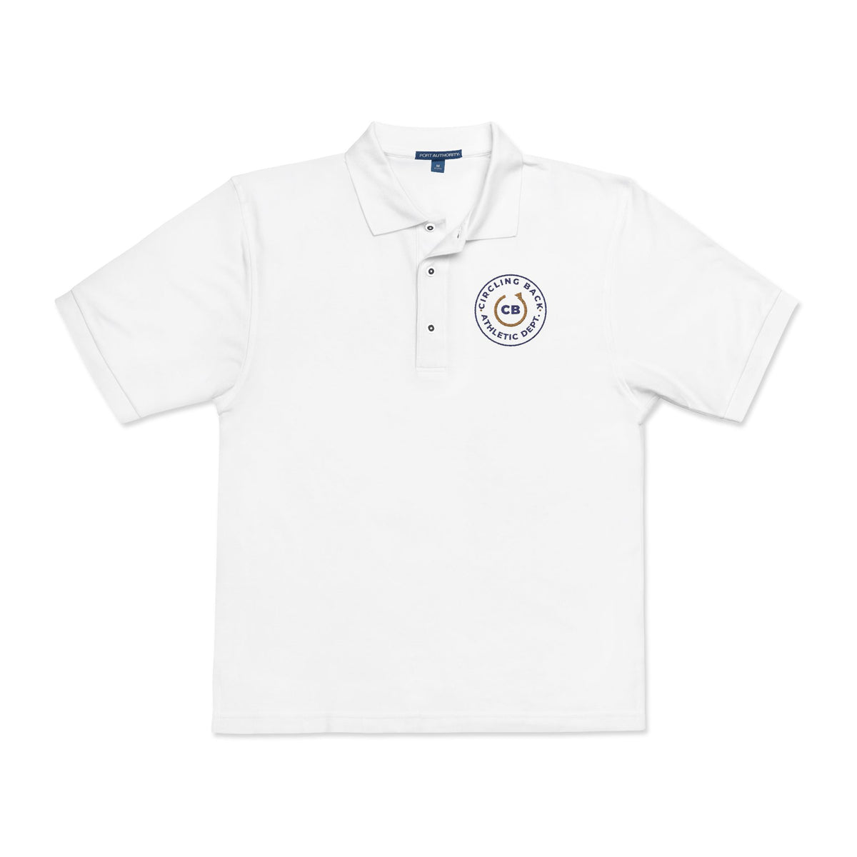 Front of the white Circling Back Athletic Dept. polo by Mildly Unavailable: an embroidered Circling Back Athletic Dept