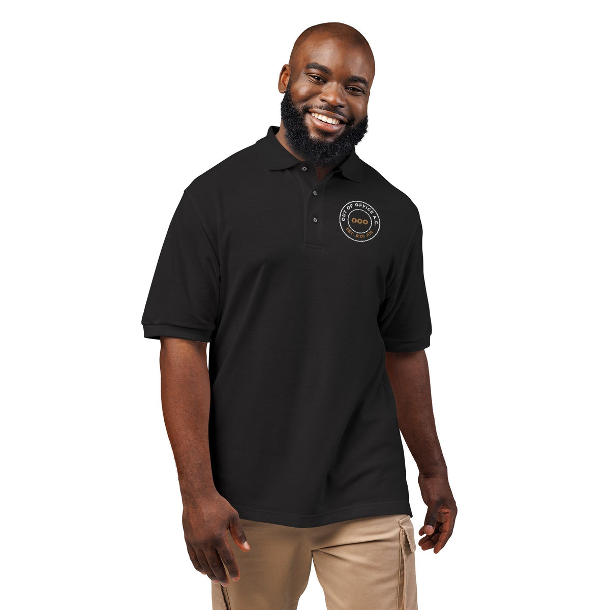 Model wearing the black Out of Office Athletic Club polo by Mildly Unavailable