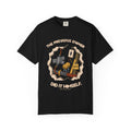 Black tee with the The Previous Owner Did It Himself design: a hole in the wall showing duct-taped pipes, a sponge and a sign that says Nope, by Mildly Unavailable