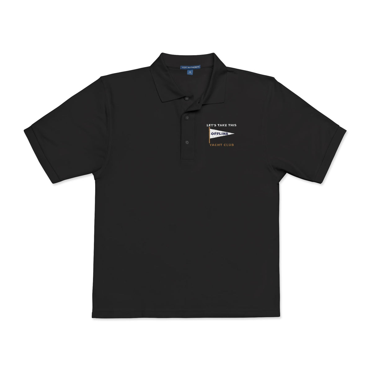 Front of the black Let's Take This Offline Yacht Club polo by Mildly Unavailable: an embroidered Let's Take This Offline Yacht Club pennant polo