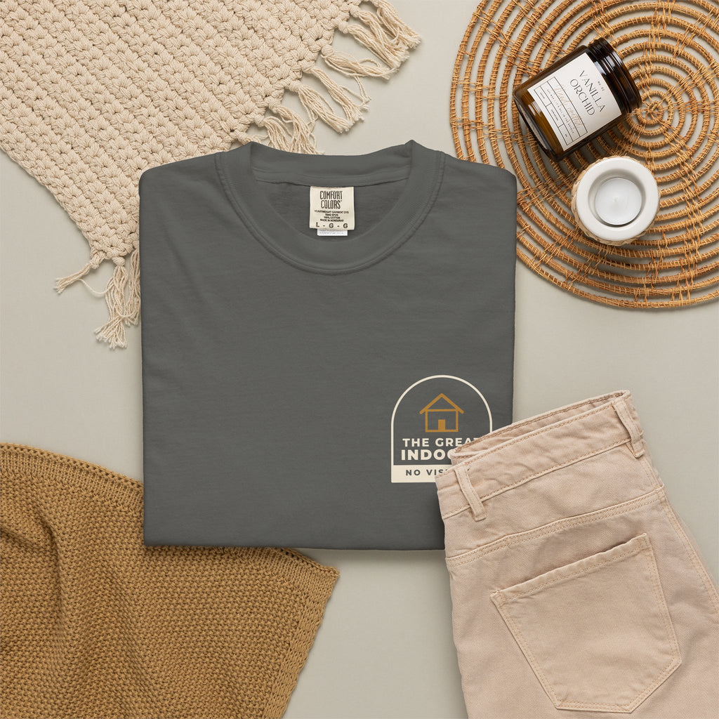Flat-lay of the pepper The Great Indoors tee by Mildly Unavailable