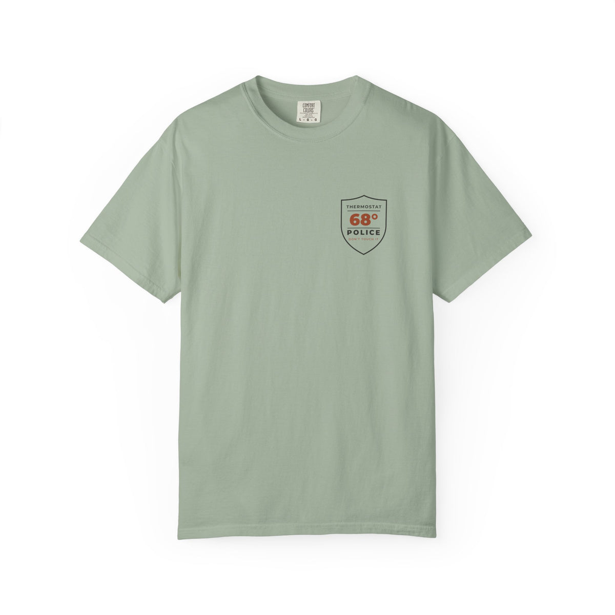 Front of the bay Thermostat Police tee by Mildly Unavailable: a small left-chest Thermostat Police tee, 68°, don't touch it