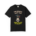 Black tee with the The House Is Smart Now design: a light bulb with Wi-Fi and error icons over a light switch taped with a Don't sign, and the line Nobody can turn on the lights, by Mildly Unavailable