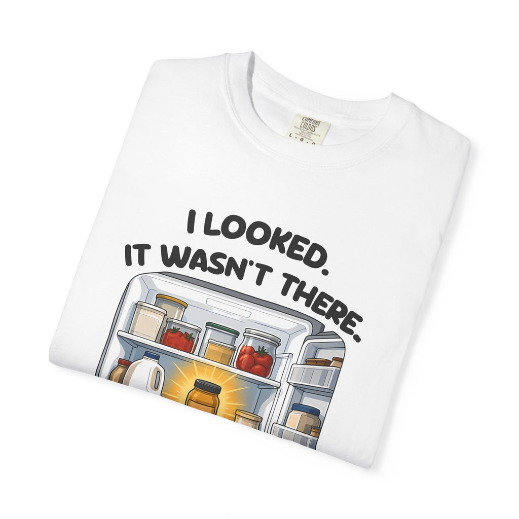 Folded white I Looked. It Wasn't There. It Was There. tee by Mildly Unavailable, close-up of the front design