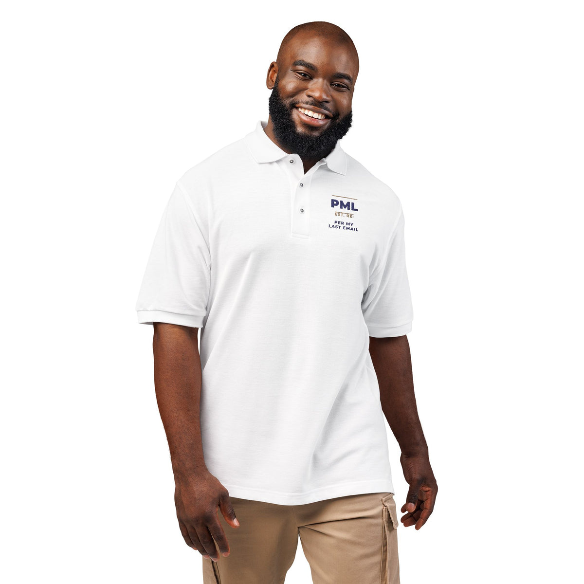 Model wearing the white Per My Last Email Monogram polo by Mildly Unavailable