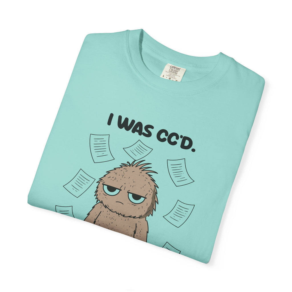Folded chalky mint I Was CC'd Murray tee by Mildly Unavailable, close-up of the front design