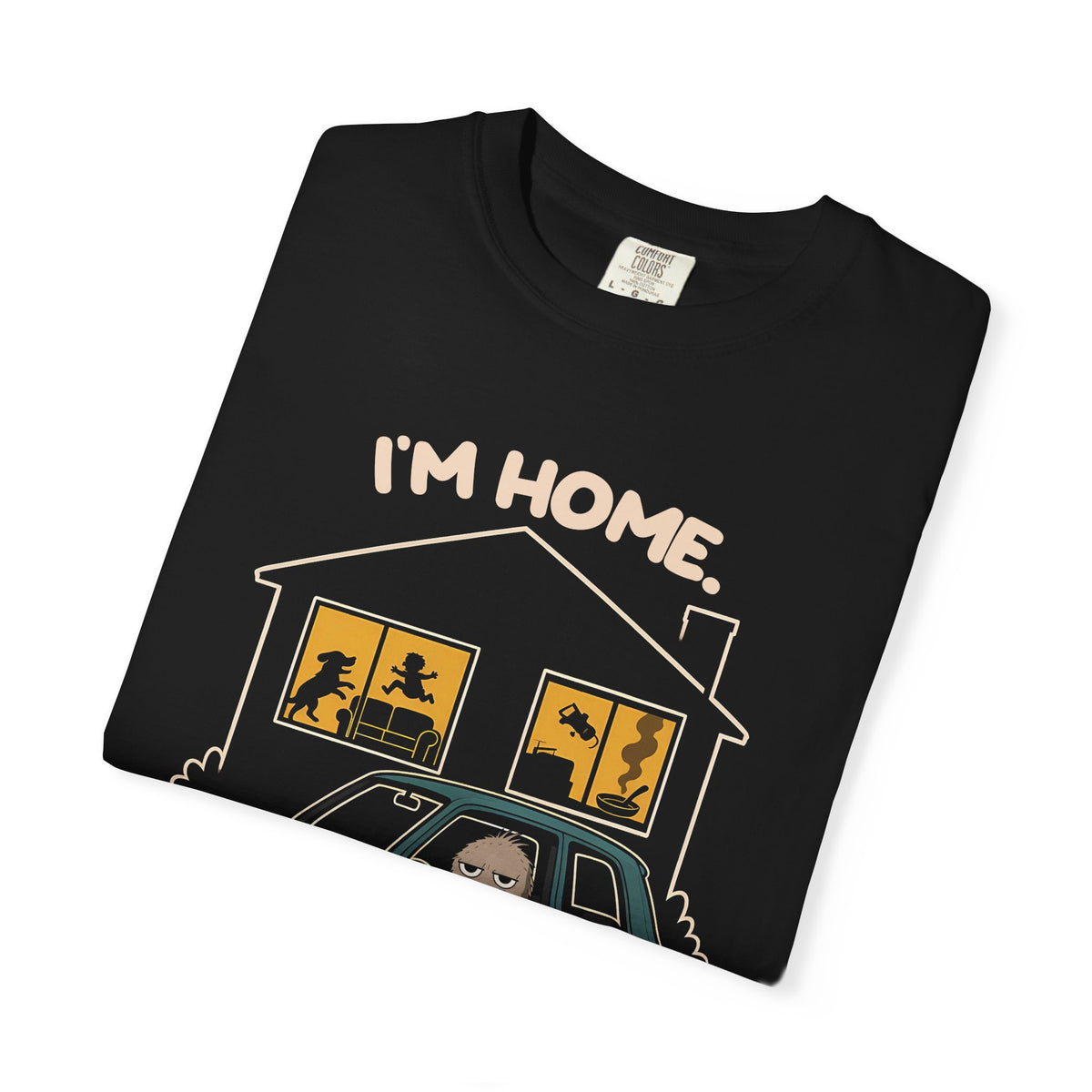 Folded black Just Sitting in the Car for a Minute Murray tee by Mildly Unavailable, close-up of the front design