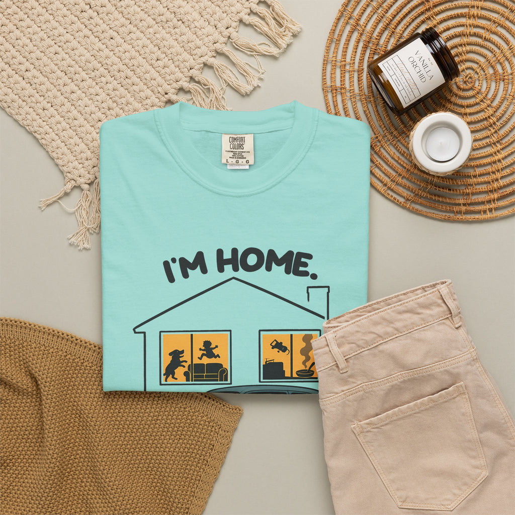 Chalky Mint Just Sitting in the Car for a Minute Murray tee by Mildly Unavailable laid flat with folded pants and home decor