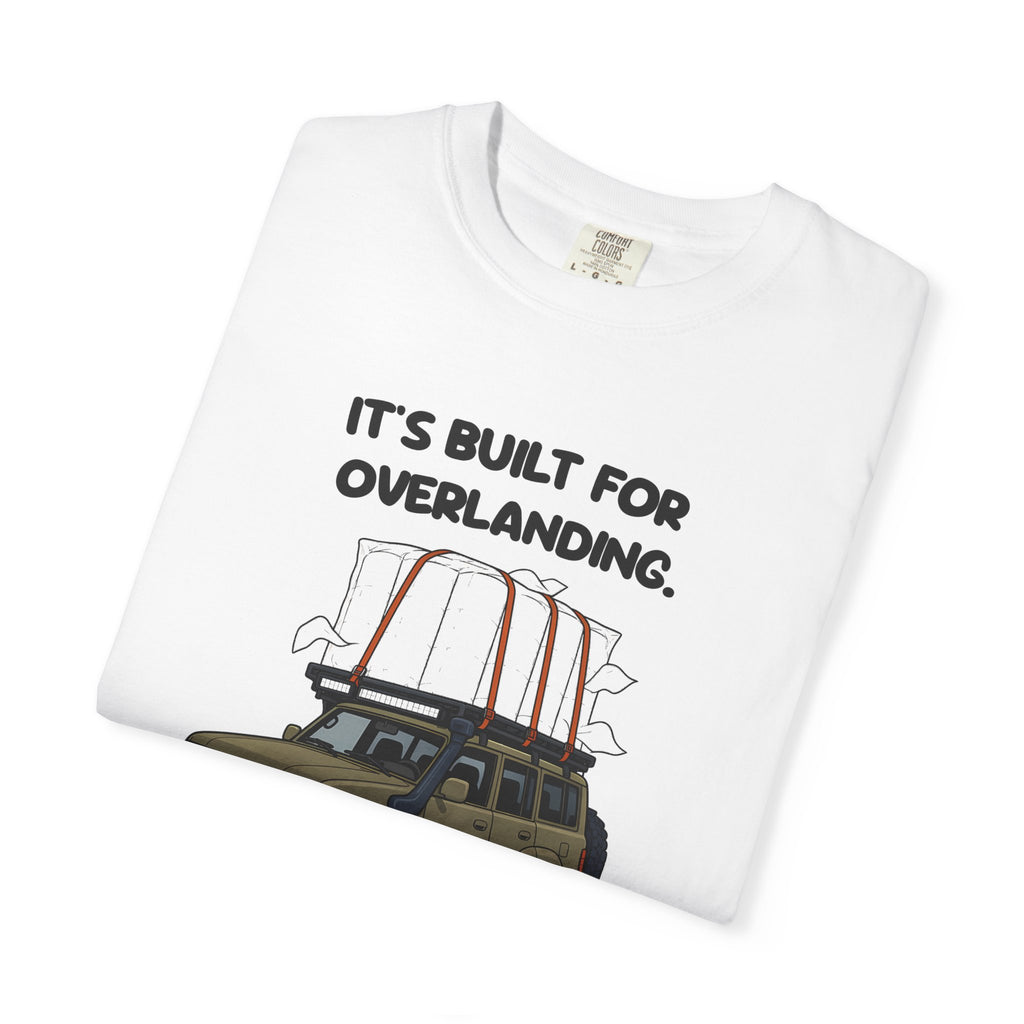 Folded white Built for Overlanding tee by Mildly Unavailable, close-up of the front design
