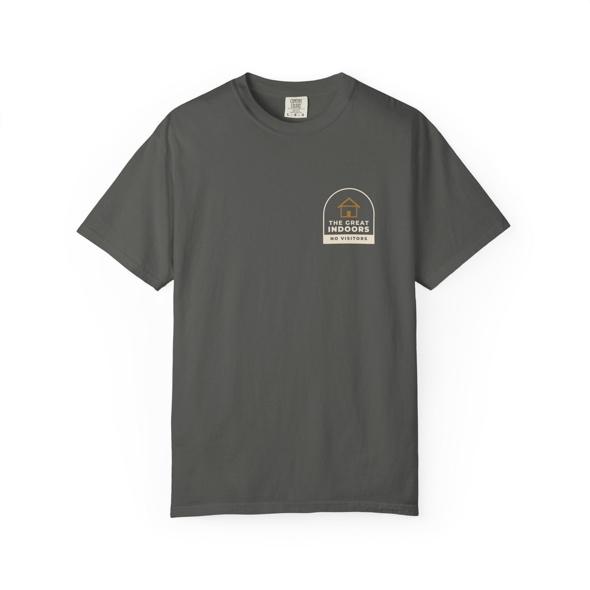 Front of the pepper The Great Indoors tee by Mildly Unavailable: a small left-chest The Great Indoors tee, no visitors