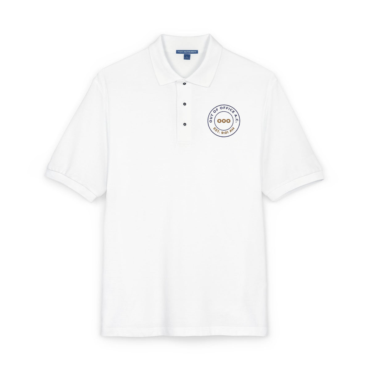 Close-up of the embroidered chest on the white Out of Office Athletic Club polo by Mildly Unavailable