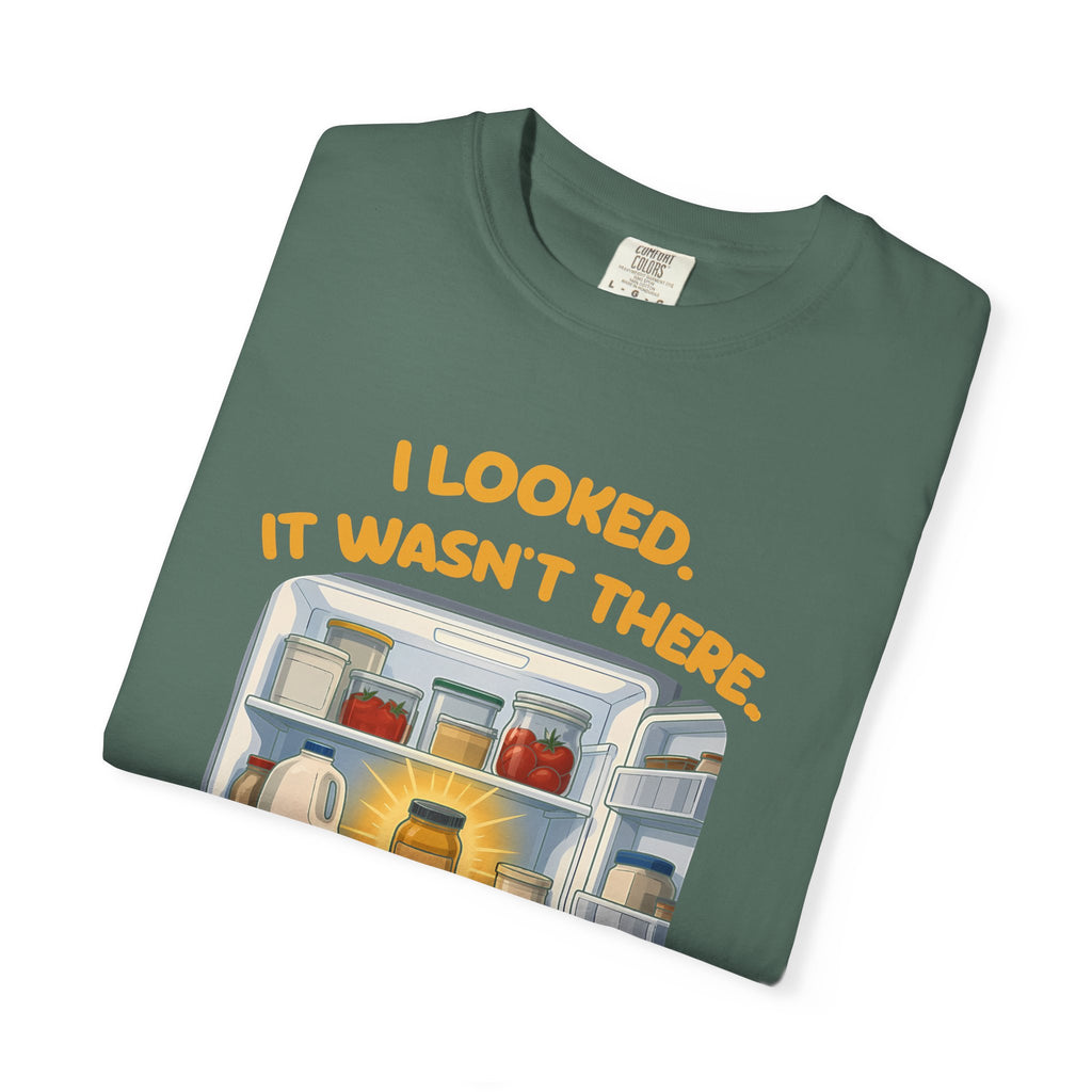 Folded blue spruce I Looked. It Wasn't There. It Was There. tee by Mildly Unavailable, close-up of the front design