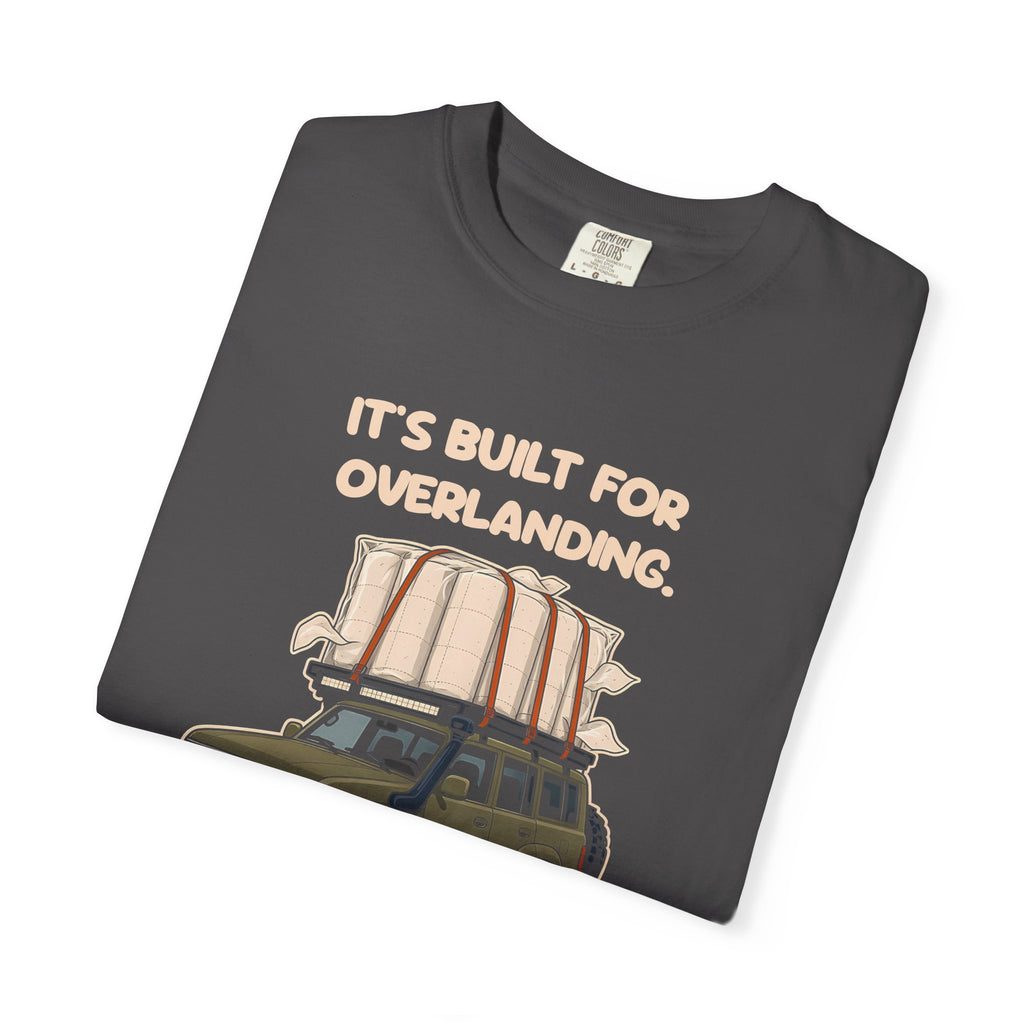 Folded graphite Built for Overlanding tee by Mildly Unavailable, close-up of the front design