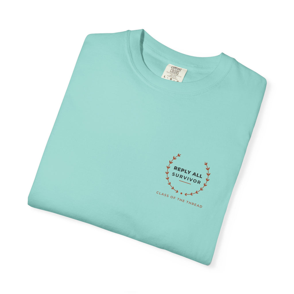 Folded chalky mint Reply All Survivor tee by Mildly Unavailable
