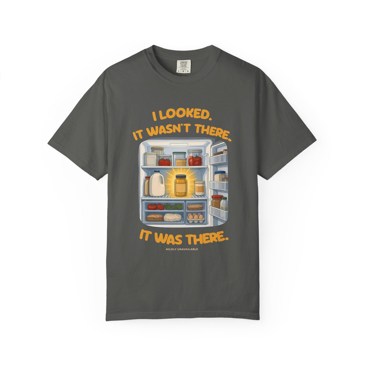 Pepper tee with the I Looked. It Wasn't There. It Was There. design: an open fridge with a jar glowing front and center, by Mildly Unavailable