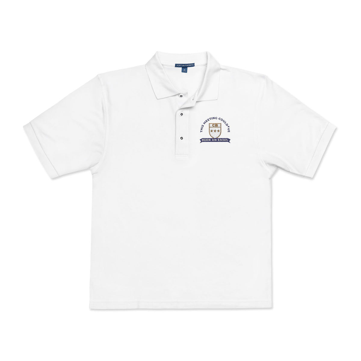 Front of the white This Meeting Could've Been an Email polo by Mildly Unavailable: an embroidered crest polo that reads THIS MEETING COULD'VE BEEN AN EMAIL