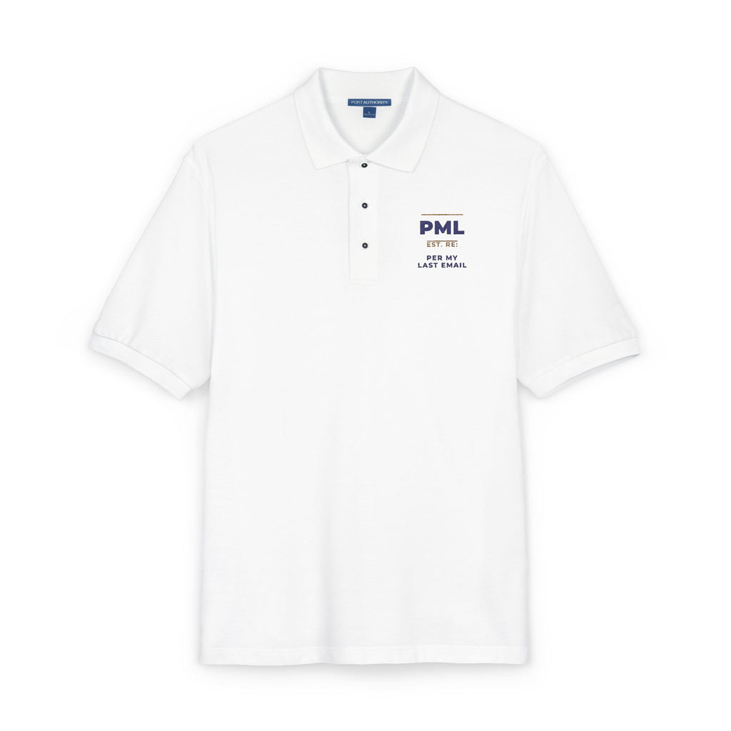 Close-up of the embroidered chest on the white Per My Last Email Monogram polo by Mildly Unavailable