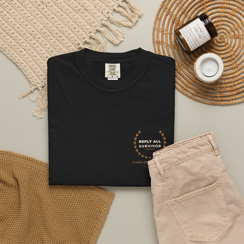 Flat-lay of the black Reply All Survivor tee by Mildly Unavailable