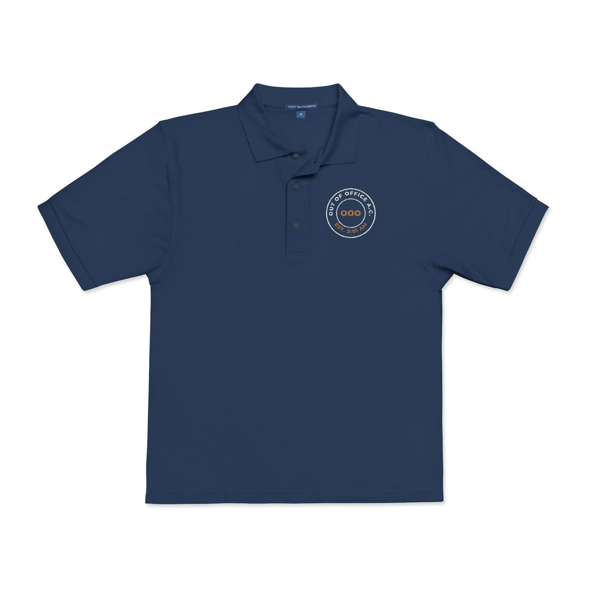 Front of the navy Out of Office Athletic Club polo by Mildly Unavailable: an embroidered Out of Office Athletic Club polo, EST
