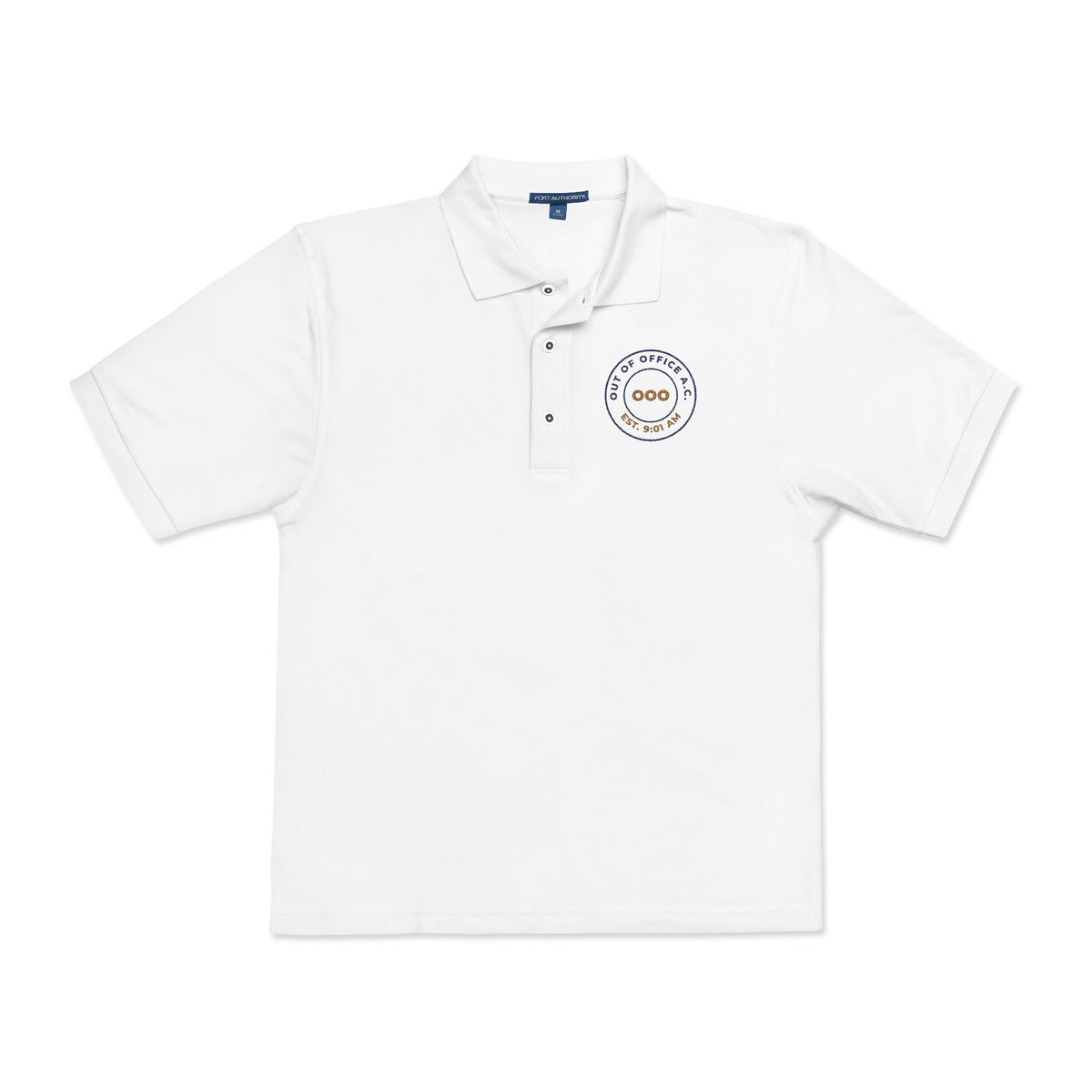 Front of the white Out of Office Athletic Club polo by Mildly Unavailable: an embroidered Out of Office Athletic Club polo, EST