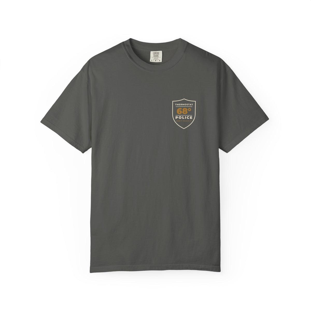Front of the pepper Thermostat Police tee by Mildly Unavailable: a small left-chest Thermostat Police tee, 68°, don't touch it