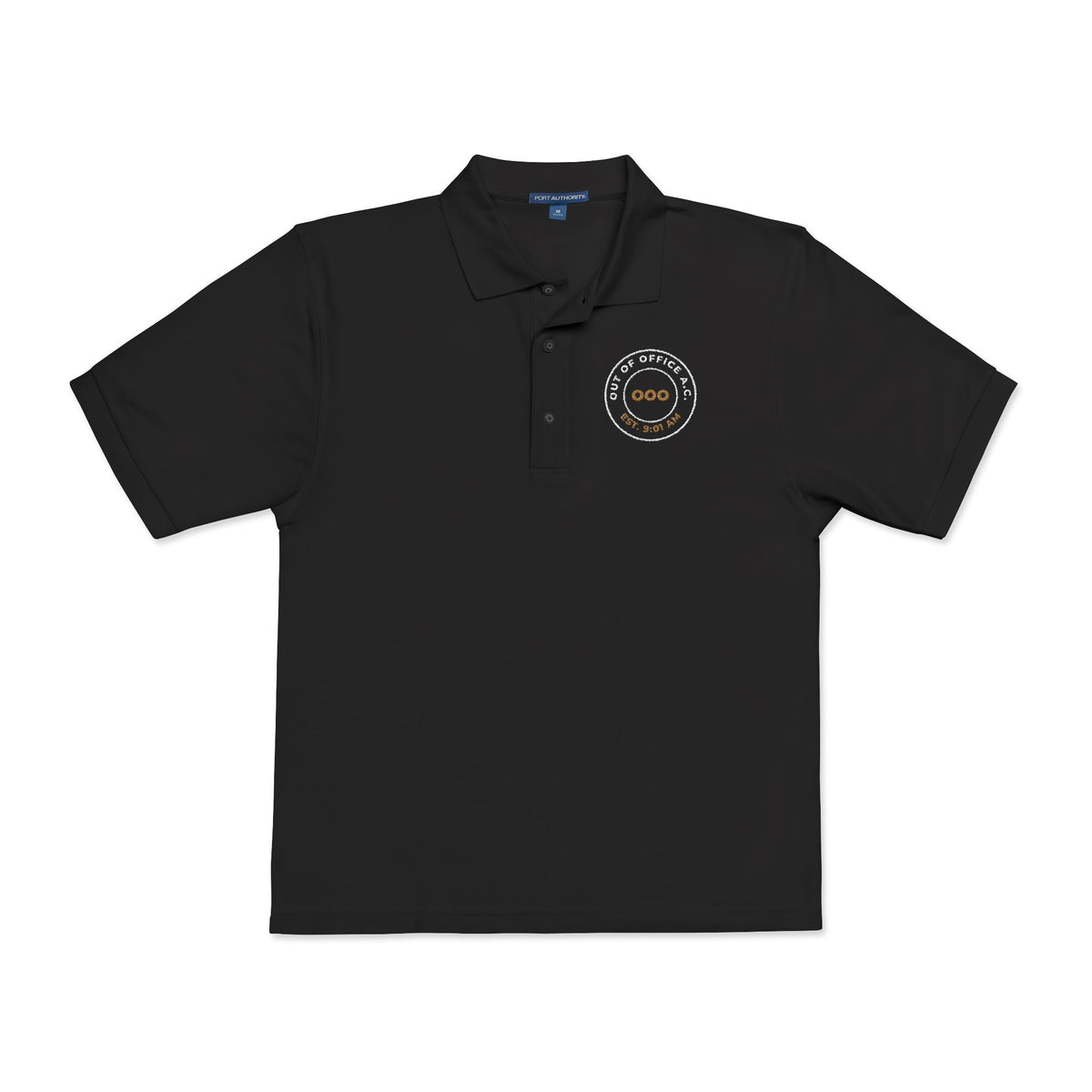 Front of the black Out of Office Athletic Club polo by Mildly Unavailable: an embroidered Out of Office Athletic Club polo, EST