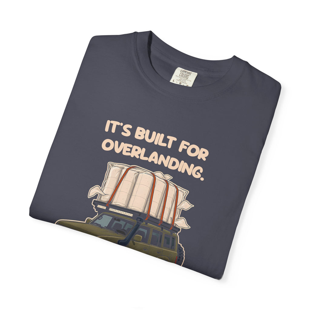 Folded navy Built for Overlanding tee by Mildly Unavailable, close-up of the front design